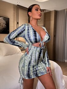 SHEIN SXY Đầm Cắt ra Dây kéo Xù Thắt nơ trước Cà vạt nhuộm Gợi cảm - Nhiều màu - Xem 3