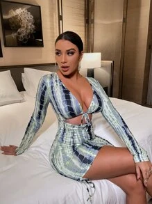 SHEIN SXY Đầm Cắt ra Dây kéo Xù Thắt nơ trước Cà vạt nhuộm Gợi cảm - Nhiều màu - Xem 4