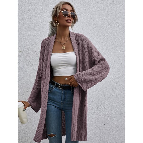 

Solid Drop Shoulder Placket Cardigan, Mauve purple