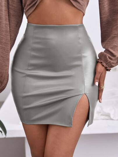 SHEIN SXY Split Hem PU Leather Bodycon Skirt