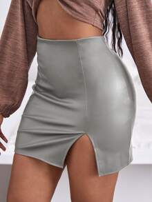 SHEIN SXY 下擺開叉PU皮革包臀半身裙 - 銀色 - 查看 3