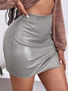 SHEIN SXY 下擺開叉PU皮革包臀半身裙 - 銀色 - 查看 4
