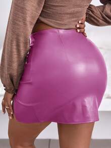 SHEIN SXY 下擺開叉PU皮革包臀半身裙 - 玫紅色 - 查看 2