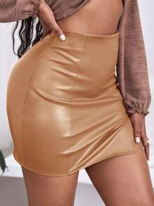 SHEIN SXY 下擺開叉PU皮革包臀半身裙 - 杏色 - 查看 4