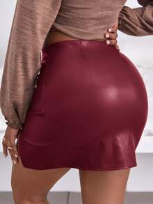 SHEIN SXY 下擺開叉PU皮革包臀半身裙 - 酒紅色 - 查看 2