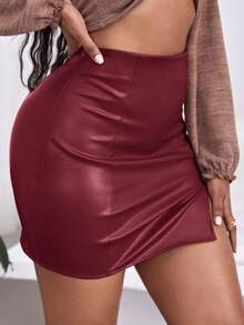 SHEIN SXY 下擺開叉PU皮革包臀半身裙 - 酒紅色 - 查看 4