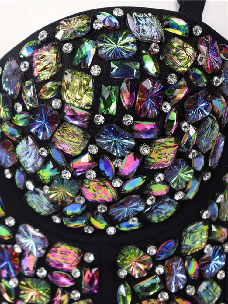 Apperloth A Colorful Rhinestone Bustier Crop Corset Cami Top - Multicolor - View 4