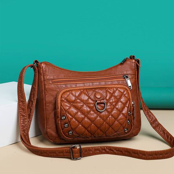 

Quilted Embossed Studded Decor Crossbody Bag, Brown