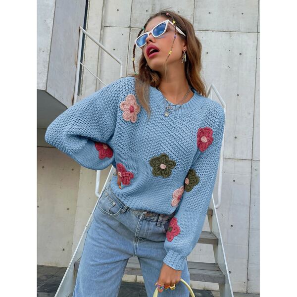 

Appliques Detail Lantern Sleeve Sweater, Baby blue