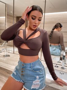 SHEIN SXY 前鏤空短款T恤 - 巧克力棕 - 查看 1