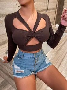 SHEIN SXY 前鏤空短款T恤 - 巧克力棕 - 查看 3