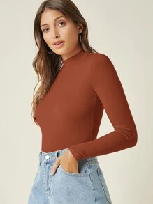 SHEIN BASICS Áo thun nữ màu trơn Giải trí - Rỉ Nâu - Xem 3