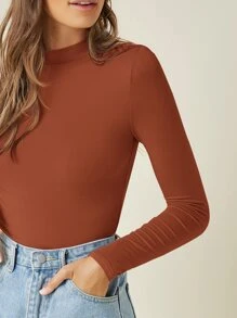 SHEIN BASICS Áo thun nữ màu trơn Giải trí - Rỉ Nâu - Xem 4
