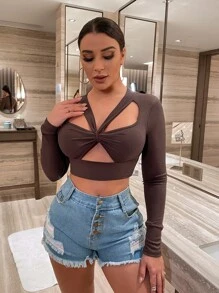 SHEIN SXY 前鏤空短款T恤 - 巧克力棕 - 查看 5