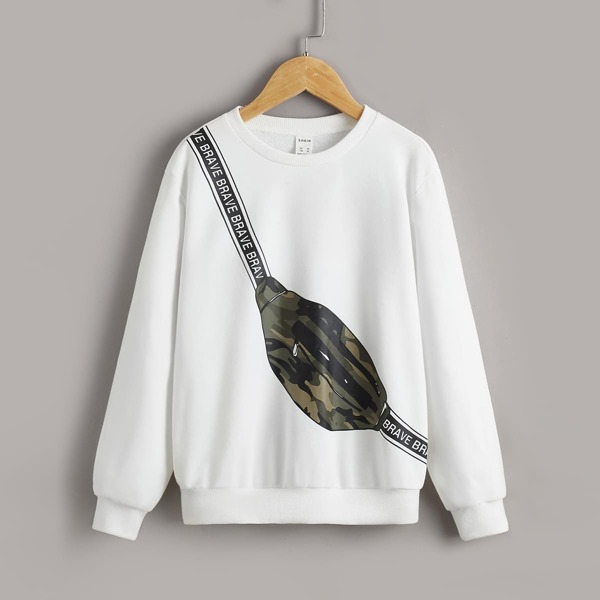 

Boys Camo Bag & Letter Graphic Pullover, White