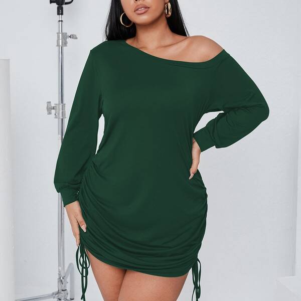 

Plus Asymmetrical Neck Drawstring Side Ruched Dress, Dark green