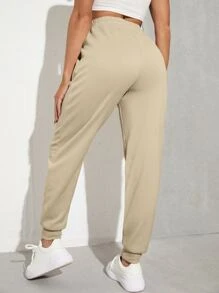 RueChic Solid Drawstring Waist Joggers - Apricot - View 2