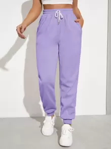 Muchica Solid Drawstring Waist Slant Pocket Joggers - Lilac Purple - View 1