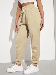 RueChic Solid Drawstring Waist Joggers - Apricot - View 3