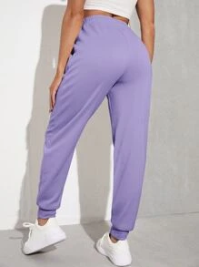 Muchica Solid Drawstring Waist Slant Pocket Joggers - Lilac Purple - View 2