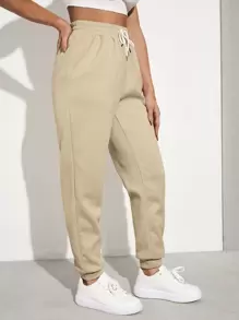 RueChic Solid Drawstring Waist Joggers - Apricot - View 4