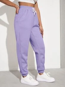 Muchica Solid Drawstring Waist Slant Pocket Joggers - Lilac Purple - View 3