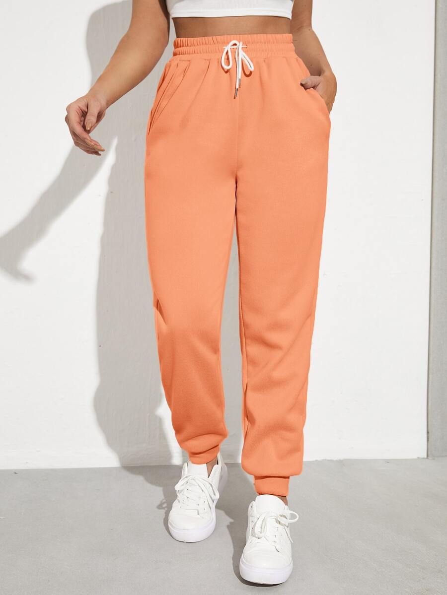 SHEIN EZwear Solid Drawstring Waist Slant Pocket Joggers - Orange - View 1