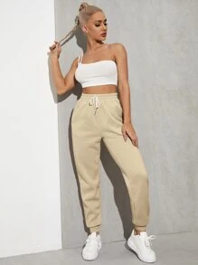 RueChic Solid Drawstring Waist Joggers - Apricot - View 5