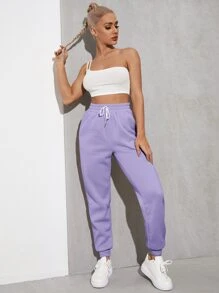 Muchica Solid Drawstring Waist Slant Pocket Joggers - Lilac Purple - View 4