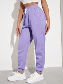 Muchica Solid Drawstring Waist Slant Pocket Joggers - Lilac Purple - View 5