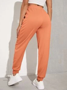 SHEIN EZwear Solid Drawstring Waist Slant Pocket Joggers - Orange - View 2