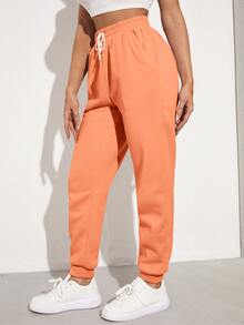 SHEIN EZwear Solid Drawstring Waist Slant Pocket Joggers - Orange - View 3