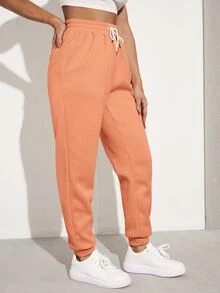 SHEIN EZwear Solid Drawstring Waist Slant Pocket Joggers - Orange - View 4