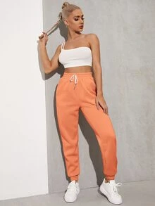 SHEIN EZwear Solid Drawstring Waist Slant Pocket Joggers - Orange - View 5