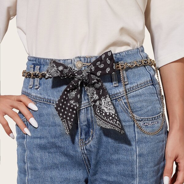 

Paisley Pattern Bow Decor Waist Chain Belt, Multicolor