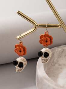 Halloween Skull & Flower Drop Earrings - Multicolor - View 2