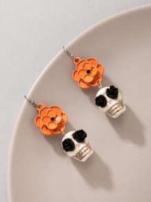 Halloween Skull & Flower Drop Earrings - Multicolor - View 4