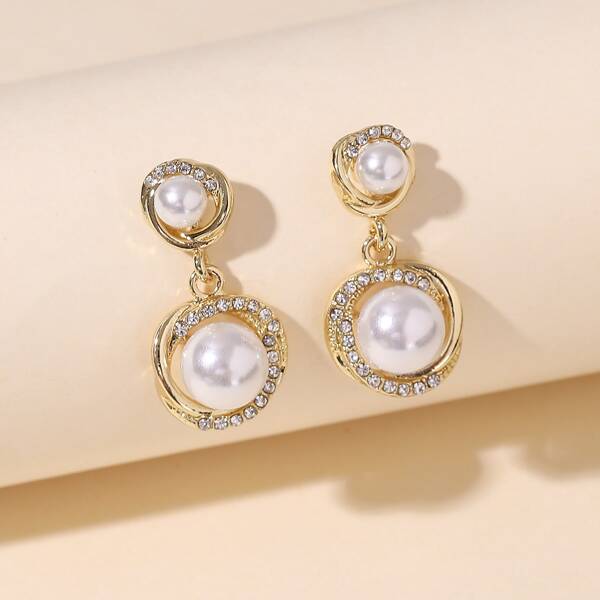 

Faux Pearl & Zircon Decor Drop Earrings, Gold