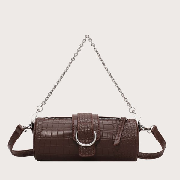 

Solid Croc Embossed Chain Bucket Bag, Brown