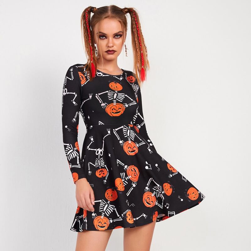 

Halloween Pumpkin And Skeleton Print Fit And Flare Dress, Multicolor