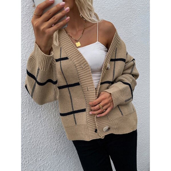 

Plaid Pattern Drop Shoulder Cardigan, Khaki