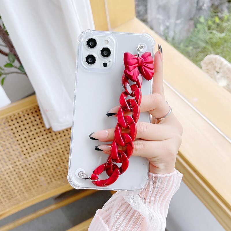 

Clear Phone Case With Chain Hand Strap, Red