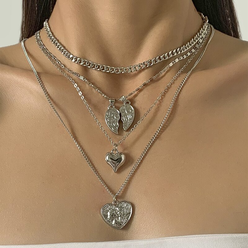 

4pcs Heart Decor Chain Necklace, Silver