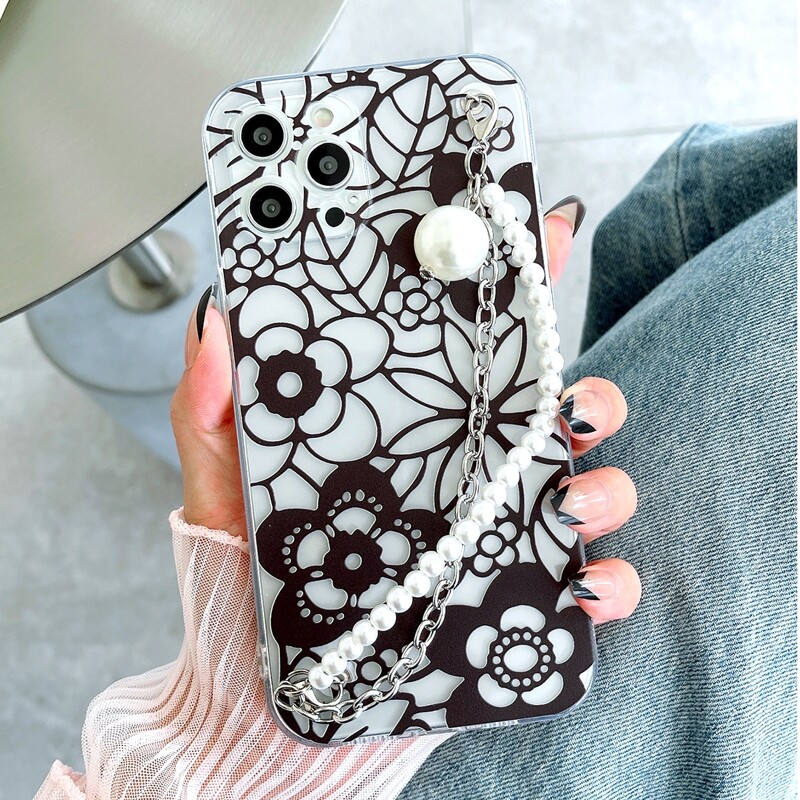 

Flower Pattern Phone Case With Faux Pearl Hand Strap, Multicolor