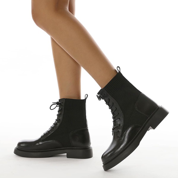 

Splicing Design Lace-up Combat Boots, Black
