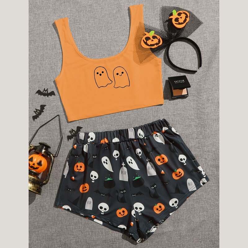

Halloween Print Tank Top & Shorts PJ Set, Multicolor