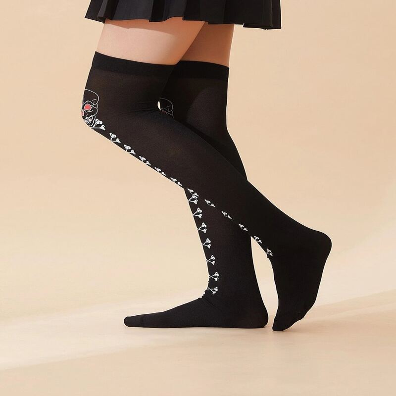 

Skeleton Graphic Over The Knee Socks, Black