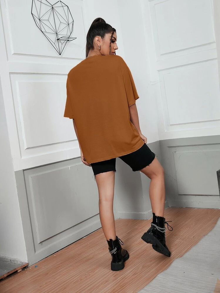 INAWLY Camiseta ancha con estampa de coche y letra, camisetas gráficas para mujer - Marrón - Añade 2