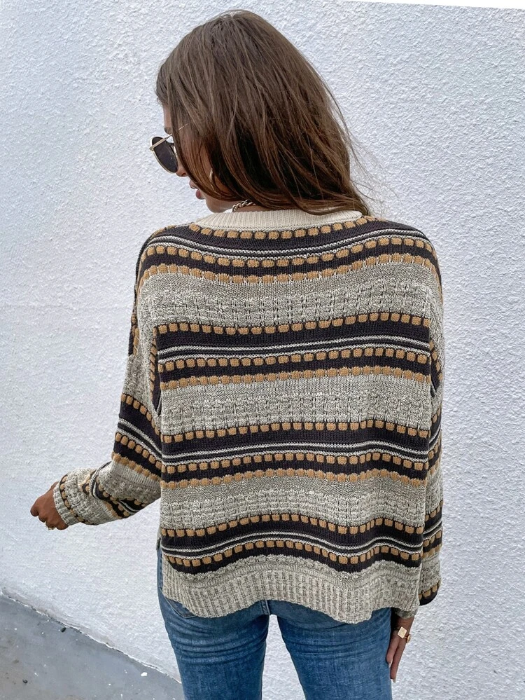 Striped Drop Shoulder Sweater,Long Sleeve Tops Knit Pullover Fall Winter