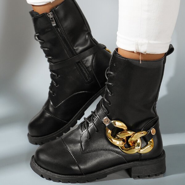 

Chain & Studded Decor Lace-up Boots, Black